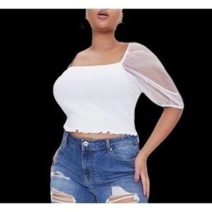 Organza Puff Sleeve Ribbed Crop Top 3x